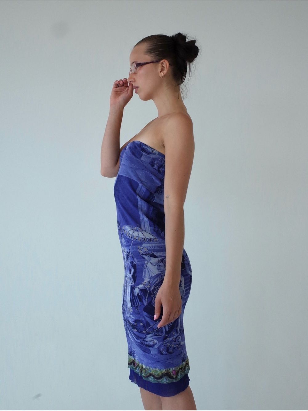 SS1998 Jean Paul Gaultier Frida Khalo Strapless Printed Mesh Dress in Blue - Picture 2 of 9